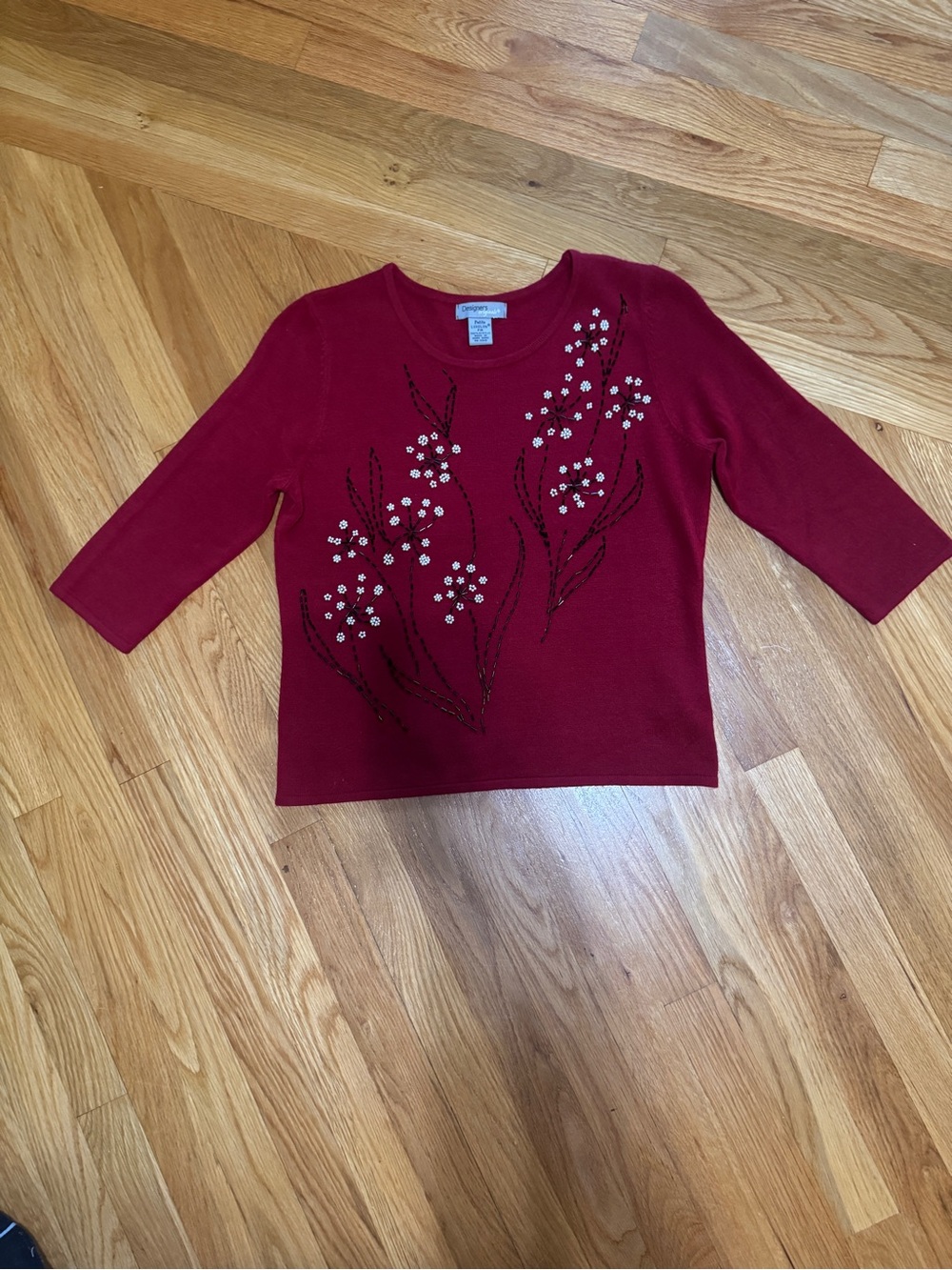 Designers Originals Red Petite Sweater with Beaded Floral Accents